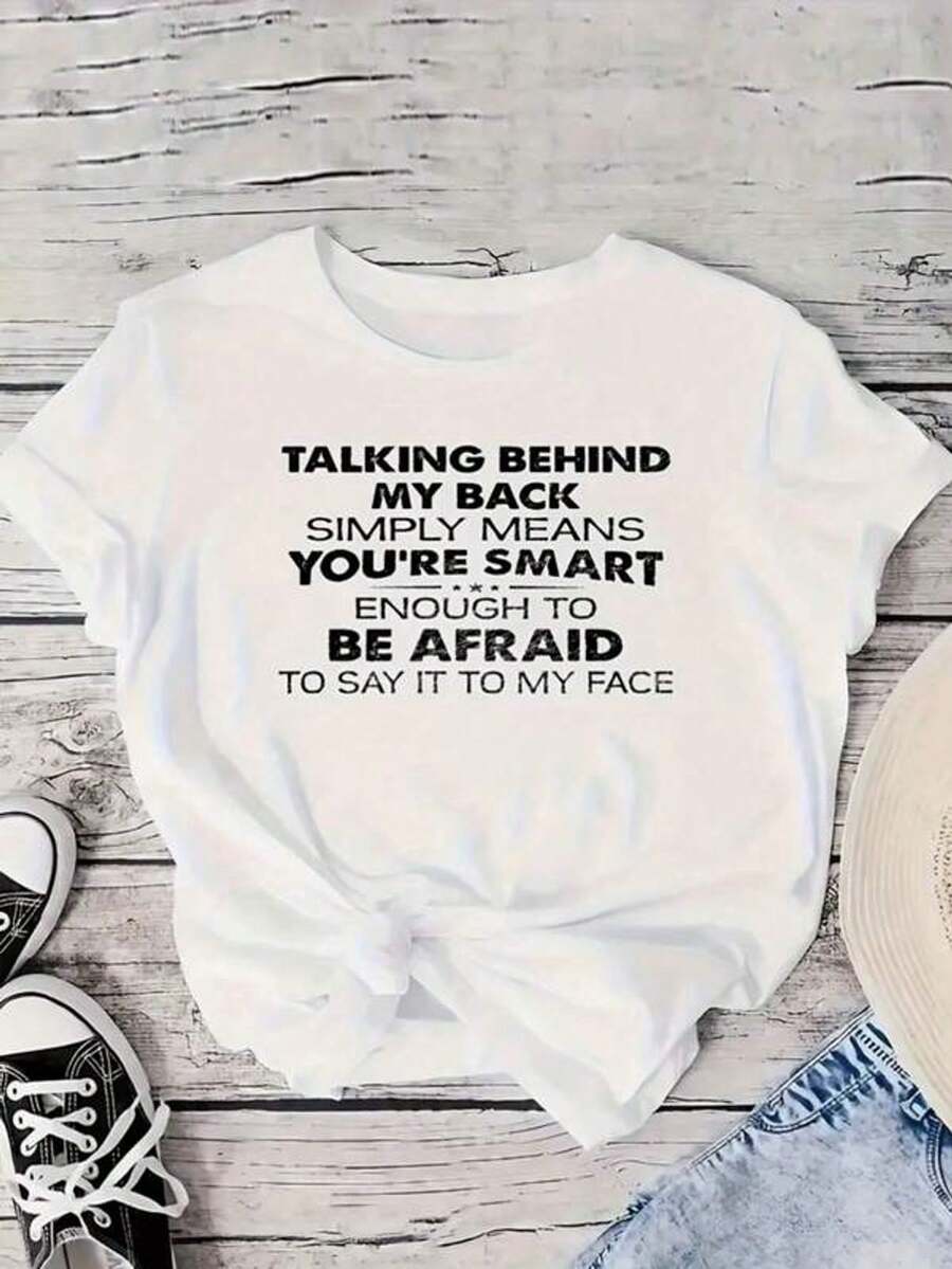 Camiseta de cuello redondo con estampado de letras, manga corta, estilo casual, para primavera y verano, ropa de mujer. - Blanco - Ver 1