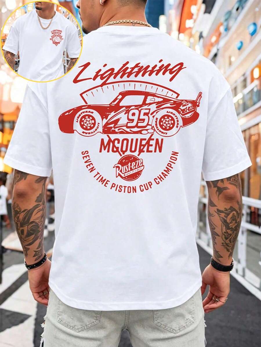 Disney Licensed: Lightning McQueen "Racing Champion" Vintage-Print T-Shirt - Casual Style, Ultra-Soft & Breathable Fabric - Ideal For Daily Wear & Fan Events - Men's - trắng - Xem 1