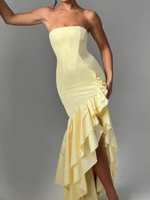 Sleeveless Knit Maxi Dress With Ruffles, Elegant And Sensual Bustier Spring Summer Fashion - Yellow - View 1