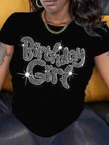 "Celebrating The Radiant Lady" Birthday Print T-Shirt With Rhinestones, Soft Crew Neck, Short Sleeves, Sequin Letter Print, Comfortable And Casual Style, Suitable For Birthdays, Parties, And Beach And Outdoor Wear. | Casual Wear For All Seasons - 黑色 - 查看 1