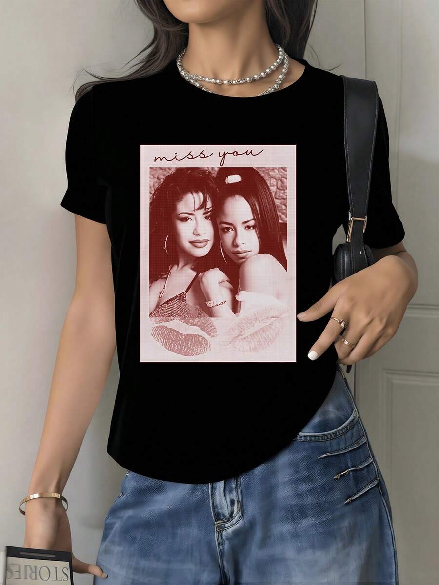 Two Female Silhouettes Embrace Against A Soft Textured Background, Expressing Tenderness, Passion, And Longing, Accompanied By Lip Prints That Evoke Deep Memories And Eternal Affection. Modern Casual White Women's T-Shirt - 黑色 - 查看 1