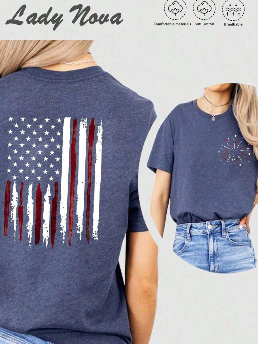 3 piezas de camisetas de mujer LADYNOVA con estampado de doble cara de la bandera estadounidense y fuegos artificiales, conjuntos de verano para mujer, ropa de vacaciones para mujer, ropa de verano, conjuntos para festivales, tops de verano.|Moda Urbana Local de Primavera/Verano||Uso Casual Diario Primavera Verano Moderno Moldeador|Conjunto de verano para mujer, ropa de vacaciones|Blusas elegantes para mujer, ropa de primavera, blusas de verano. - Negro - Ver 1