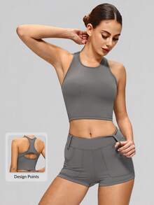 MASKERT Women's Fitted Criss-Cross Camisole And Shorts Set, High Stretch Yoga Fitness 2 Pieces Outfit, Sportswear - Flint Stone - View 1