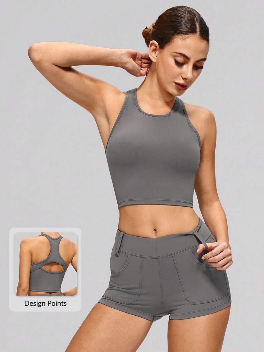 MASKERT Women's Fitted Criss-Cross Camisole And Shorts Set, High Stretch Yoga Fitness 2 Pieces Outfit, Sportswear - Flint Stone - View 1
