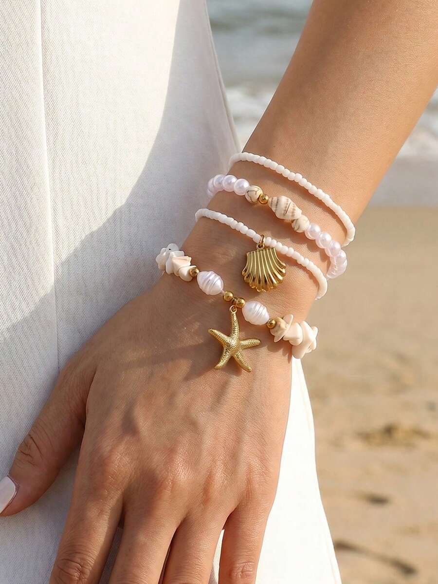 NAIZHU 4件套不锈钢海洋风海星贝壳吊坠手链,女士日常及节日配饰 - 白色 - 查看 1