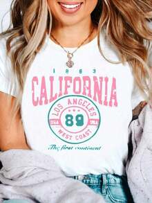 1 Piece Women's Vintage California Print T-Shirt - Soft And Stretchy Round Neck Casual Top With California Print, West Los Angeles Design, Machine Washable For Spring, Summer And Fall, Everyday Wear T-Shirt With Vintage California Print And Soft Stretch Fabric. - 白色 - 查看 6