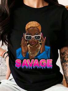 Women's T-Shirt With Graffiti Style Graphic Print, S-Avage Design, Summer Clothing, Gift For Her, Fashionable Summer Cotton T-Shirt - 黑色 - 查看 7
