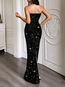 New Women's Autumn-Winter Long Evening Dress, Elegant And Sexy, Tube Top, Flattering Design, Perfect For Gala Parties, Red Carpets, Weddings And Formal Winter Events - 黑色 - 查看 3