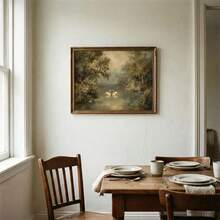 1pc Framed Unframed Antique Swan In Lake Vintage Poster Romantic Love Wall Art Canvas Print Farmhouse Cottagecore Decor Painting For Living Room Bedroom Home - Green - View 6