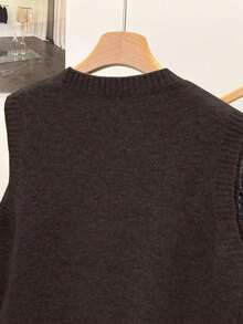 1 pieza Chaleco sin mangas de punto de unicolor con cuello redondo corto, diseño asimétrico con botones, accesorio de moda, chaleco versátil de punto para el verano - Café integral - Ver 5