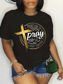 Fashionable Women's T-Shirt With Round Neck, Short Sleeves And Print For Spring Summer - Black - View 6