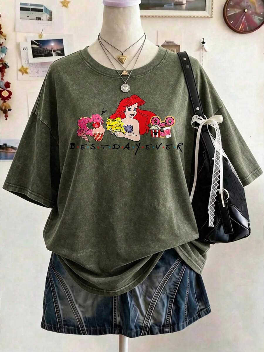 Disney Oversize Round Neck Washed T-Shirt With Disney Ariel Print, Disneyland, Disney Animal Kingdom, Disney Family Vacation Trip, Summer Outfits For Women, Vacation Outfits Women, Dresses,, Dresses For Women, Summer Clothes, Summer Tops, Capris For Women, Rompers For Women, Jeans For Women, Jorts, Graphic Tees Women, Tank Tops Women, Dresses For Women Summer, Summer Tops, Summer Clothes, Summer, Swimsuits For Woman, Bathing Suits For Women, Bikinis, White Tank Top, Women Sweatshirts & Hoodies, Cord Sets For Women, Trajes Elegantes De Mujer, Conjuntos De Dos Piezas Para Mujer, Skirt Two Piece Set, Conjuntos De Mujer, Blusas, Trajes De Mujer Casual, Free Shipping, Co Ords Sets Women, Faldas - Army Green - View 1