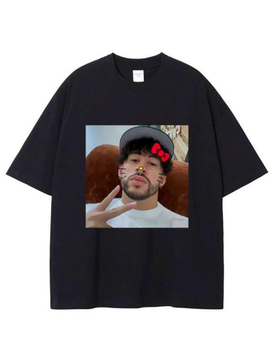Women's T-ShirtsHot Rapper Bad Bunnys Cat Funny Graphic T-Shirt Men Women Clothing Fashion Hip Hop T Shirts Summer Male Oversized Streetwear - 黑色 - 查看 1