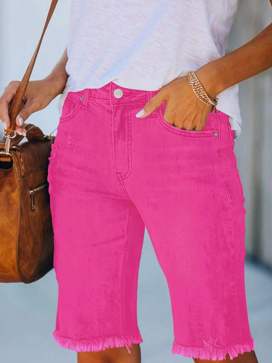 Necooer Women Jean Shorts Ripped Casual Summer Mid Waist Stretchy Five Points Denim Jean Shorts - 玫紅 - 查看 1