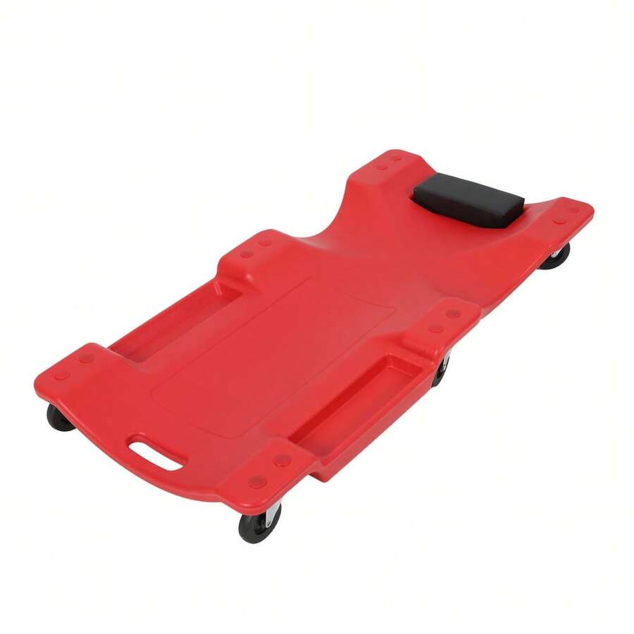 Robuste, 102 cm breite Werkstattliege mit niedrigem Profil – Tragkraft 159 kg, Korpus aus blasgeformtem HDPE, gepolsterte Kopfstütze, zwei Werkzeugablagen, 6 Lenkrollen, öl- und rostbeständig, ideal f - Rot - Übersicht 1