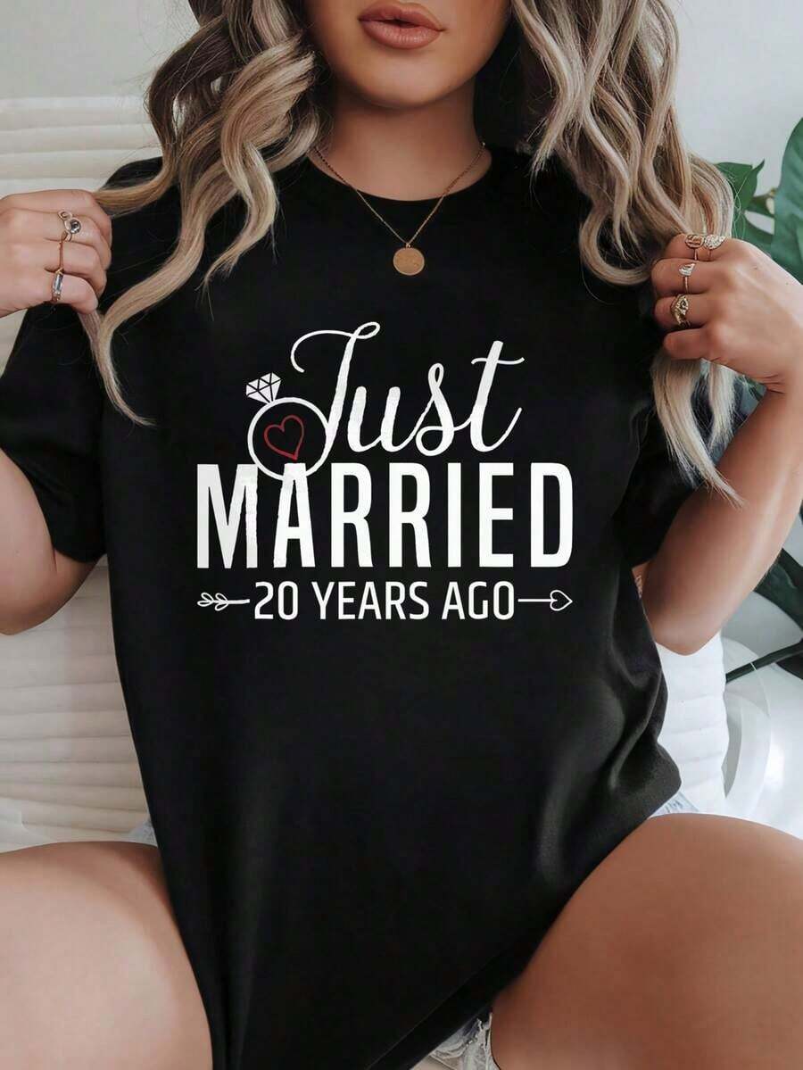 Camiseta de Mujer con Estampado 'Recién Casados 20 Años', Opciones en Blanco y Negro, Camiseta Gráfica para Celebración de Aniversario, Camisetas de Verano, Conjuntos de Verano, Camisetas Gráficas para Mujer, Tops Cortos para Mujer, Camisetas Vintage de Algodón, Ropa Linda para Mujer, Playera Holgada para Mujer - Negro - Ver 1
