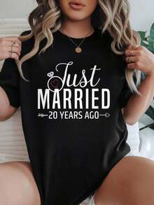 Camiseta de Mujer con Estampado 'Recién Casados 20 Años', Opciones en Blanco y Negro, Camiseta Gráfica para Celebración de Aniversario, Camisetas de Verano, Conjuntos de Verano, Camisetas Gráficas para Mujer, Tops Cortos para Mujer, Camisetas Vintage de Algodón, Ropa Linda para Mujer, Playera Holgada para Mujer - Negro - Ver 7