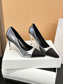 Xin Jing Shoes 女士时尚尖头拼接高跟鞋,适合日常通勤 - 銀色 - 查看 10