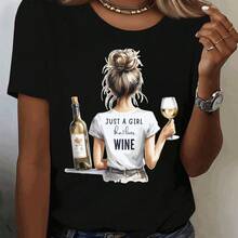 Women's "Only One Who Loves Wine" Graphic T-Shirt - Soft And Stretchy Crew Neck, Wine Glass Design, Relaxed Fit For Summer, Comfortable And Lightweight Clothing, Ideal For Lounge Or Gym, Fun T-Shirt For Wine Lovers, Casual Fashion - 黑色 - 查看 2
