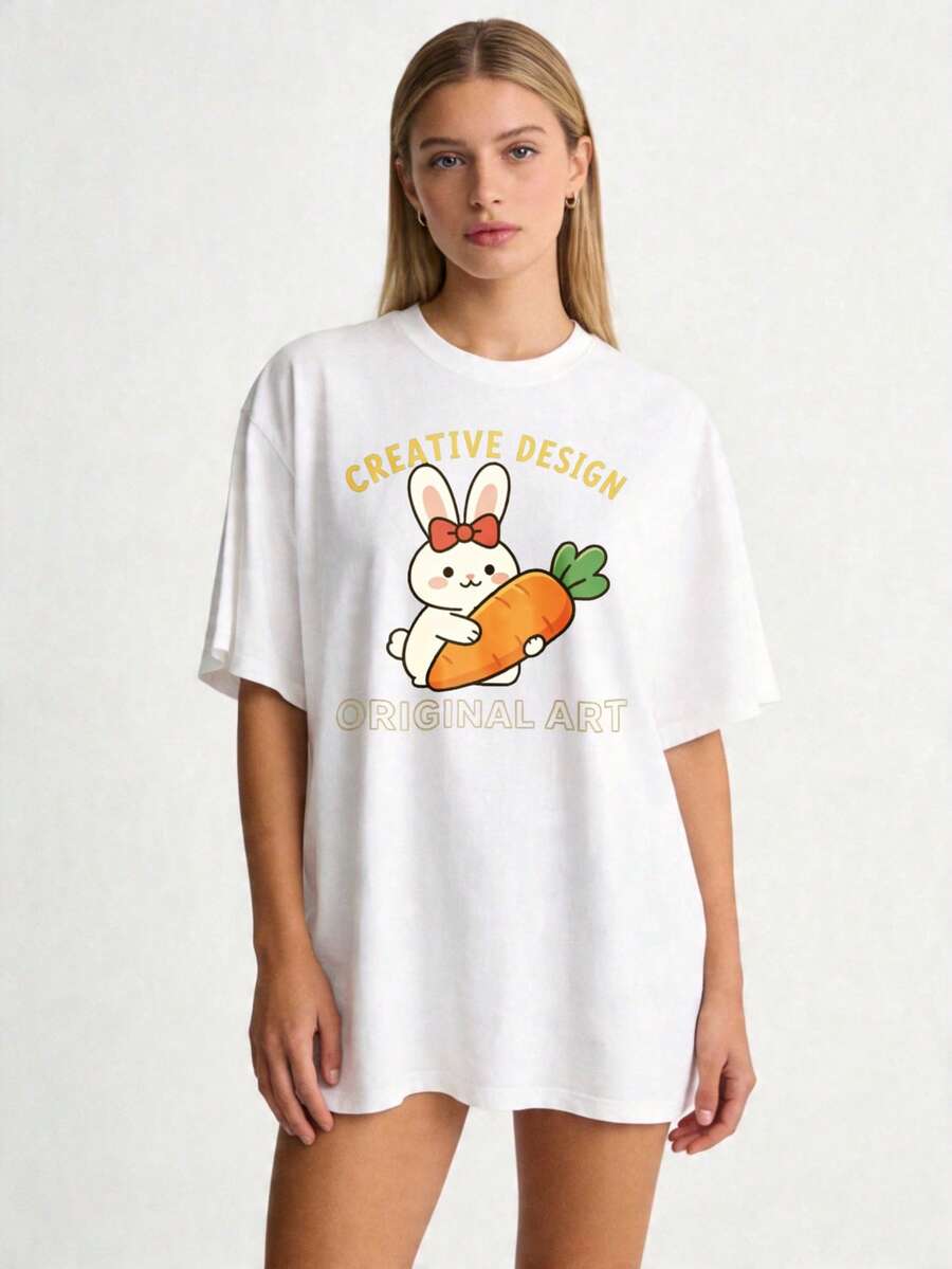 Women's Basic Crew Neck T-Shirt With Rabbit And Carrot Print, Sizes S-2XL, 100% Black And White, Spring/Summer Casual Wear, Ideal For Family And Couple Outfits, Perfect Gift For Mother, Family And Close Friends On Mother's Day, . - 白色 - 查看 1