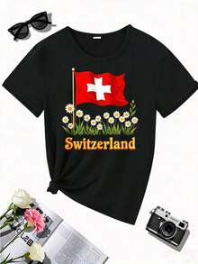 Heavyweight T-Shirt With Swiss Flag And Daisy Print - Casual Short-Sleeved Round Neck Top For Spring And Summer, White With Red Cross Design, Soft And Comfortable Fit, A Hit In Swiss Clothing. - 黑色 - 查看 1