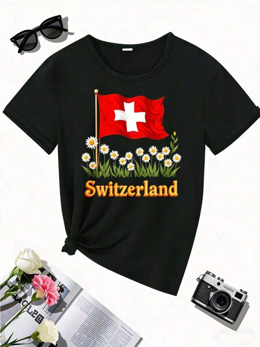Heavyweight T-Shirt With Swiss Flag And Daisy Print - Casual Short-Sleeved Round Neck Top For Spring And Summer, White With Red Cross Design, Soft And Comfortable Fit, A Hit In Swiss Clothing. - 黑色 - 查看 1