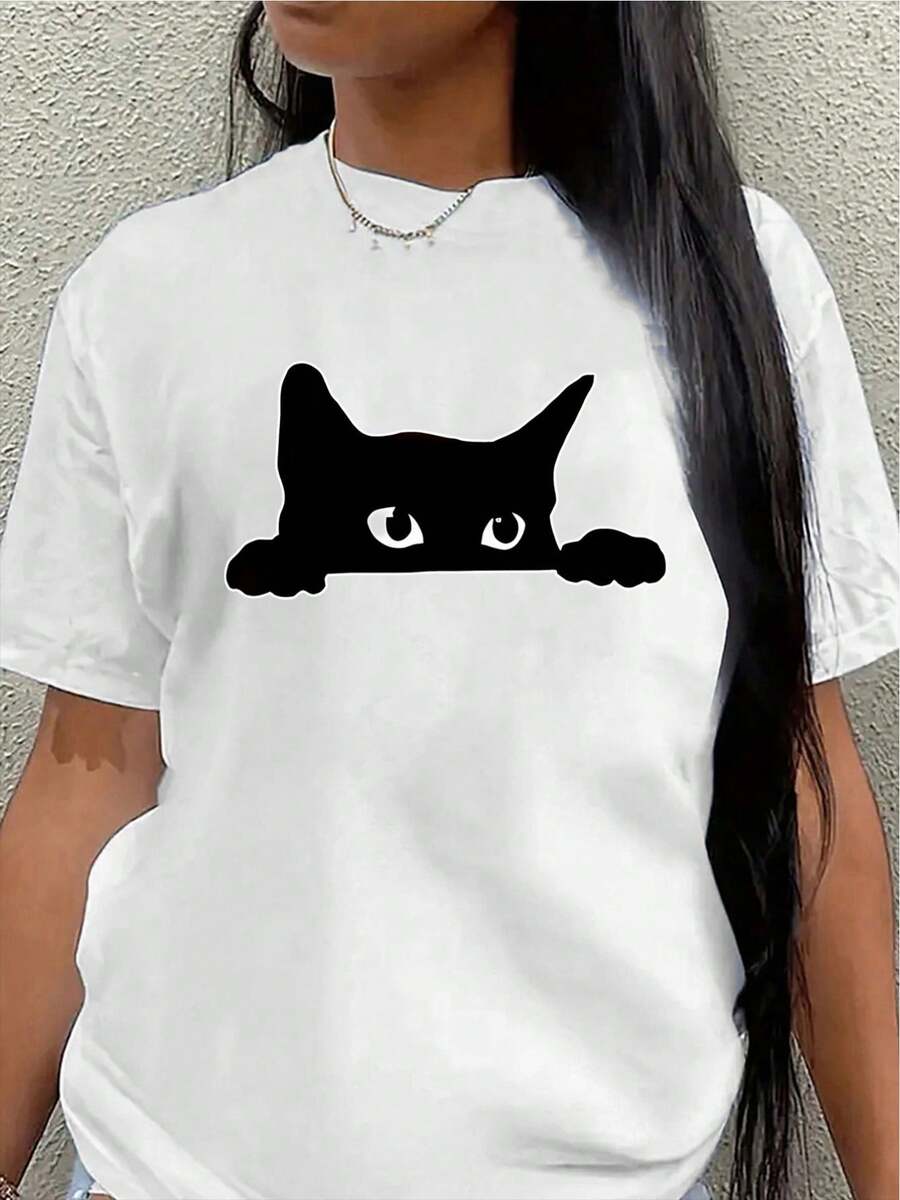 This Lightweight And Durable Short-Sleeved T-Shirt With A Cat Face Design Is Perfect For Lounging At Home Or Casual Wear At A Coffee Shop, Making It An Ideal Choice For Everyday Outings And Leisure Time. Women's Casual Blouse - 白色 - 查看 1