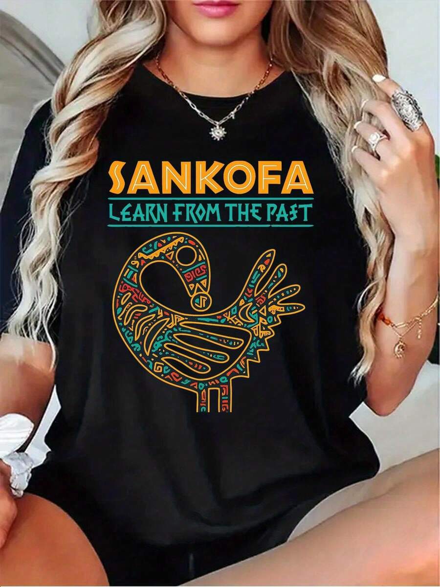 Women's T-Shirt With African Cultural Design Sancafa - Inspired By The Sancafa Bird Totem, Short Sleeve And Round Neck, Casual Style, Available In Black/Grey/White/Dark Red, Suitable For Traditional Ghanaian Outfits And Everyday Wear. - 黑色 - 查看 1