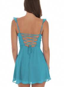 Women Summer Mini Cami Dress Solid Color Sleeveless Open Back Smocked Waist Mesh Dress - Agua verde azul - Ver 3