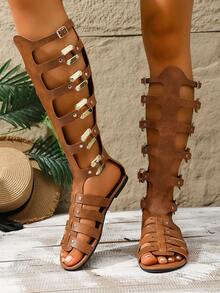 1 par de sandalias elegantes de dama con cremallera de cuero PU estilo bohemio, adecuadas para el hogar, vacaciones y uso al aire libre en verano - Marrón - Ver 7