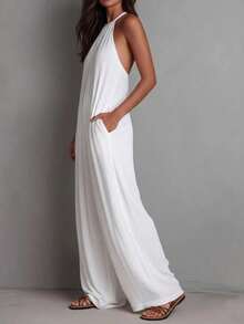 White Wide-Leg Jumpsuit With Pleats And Open Back, Perfect For A Holiday Look. - White - View 2