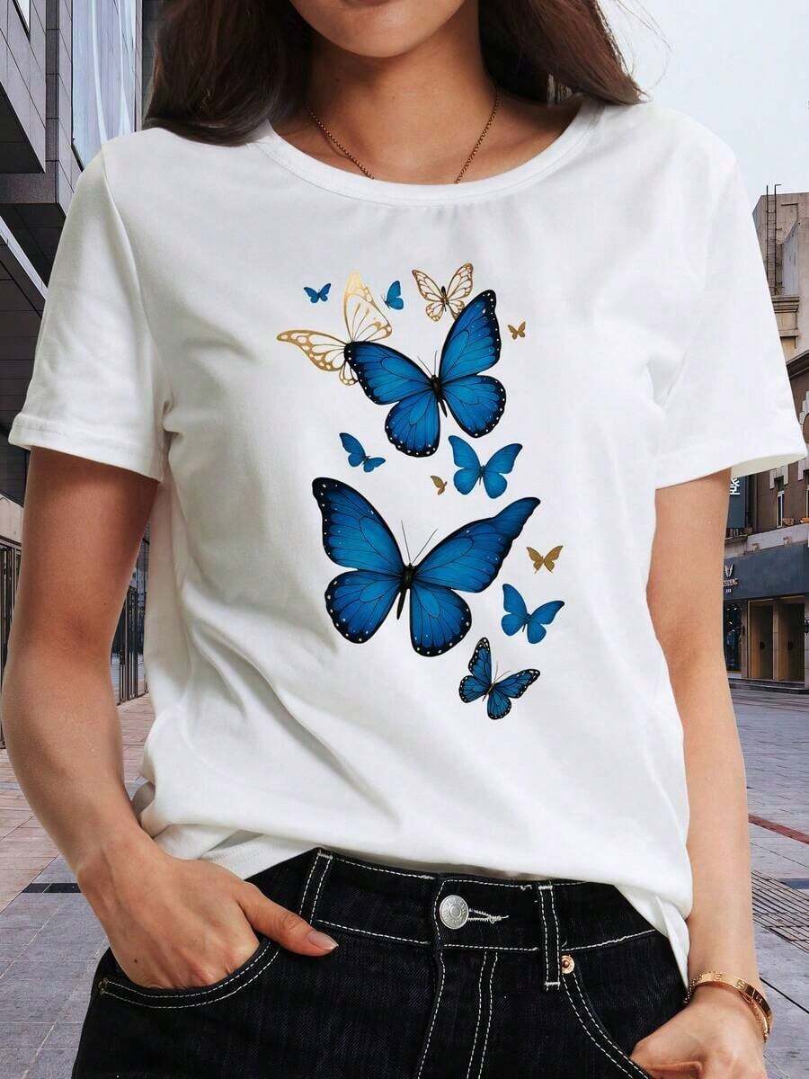 Women's Short Sleeve T-Shirt - Blue Graphic Tee - Summer Clothing - Oversized T-Shirt - Streetwear - Casual Style - Crew Neck - Cotton - Summer Fashion - Loose Fit T-Shirt For Women - Everyday Wear - 白色 - 查看 1