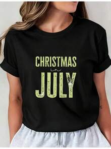 Camiseta Deportiva Casual para Mujer --Shirt Negra con Texto Verde JULY, Elástica y de Cuello Redondo, Lavable aáquina, Ajuste Cómodo para Todas las Estaciones. - Negro - Ver 6