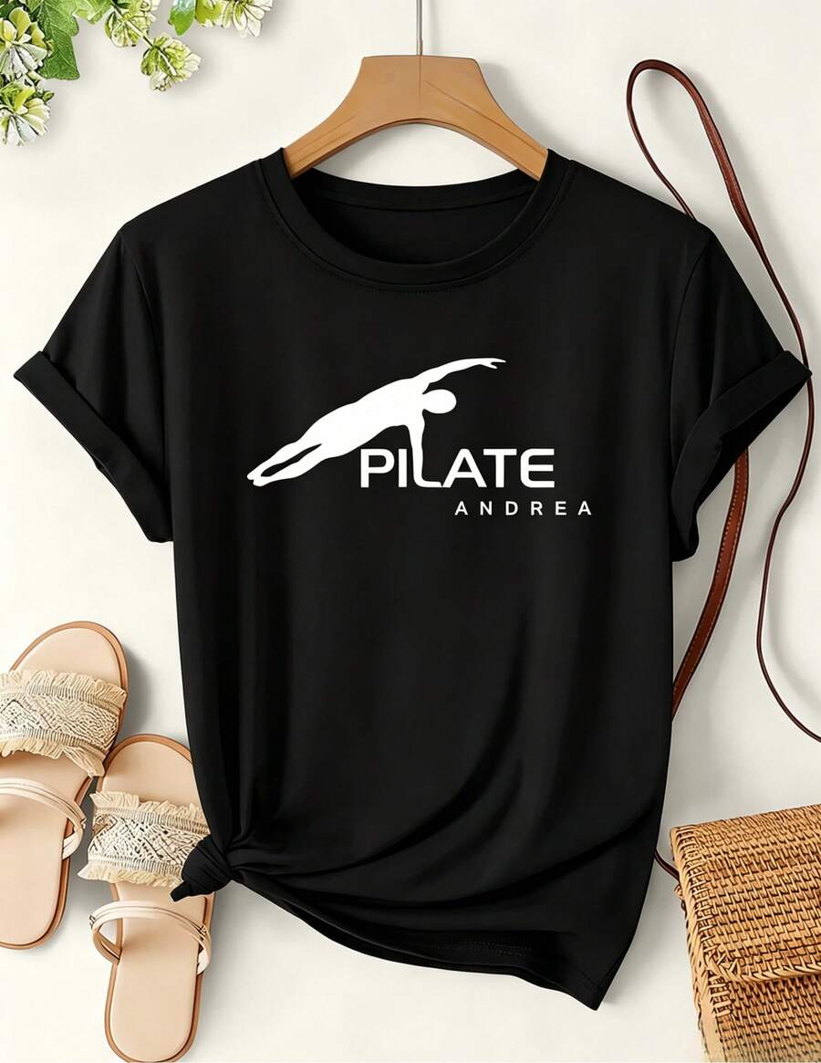 Camiseta de Verano para Mujer de Diseño Simple y Versátil | Camiseta de Manga Corta con Estampado Divertido de Silueta en Plank Lateral de Pilates | Camiseta de cuello redondo de corte holgado para entusiastas del fitness | Vestido de fiesta vintage casual elegante de una sola pieza para mujer | Camiseta de algodón moderna, estilo resort, holgada y cómoda, versátil para el uso diario. - Negro - Ver 1