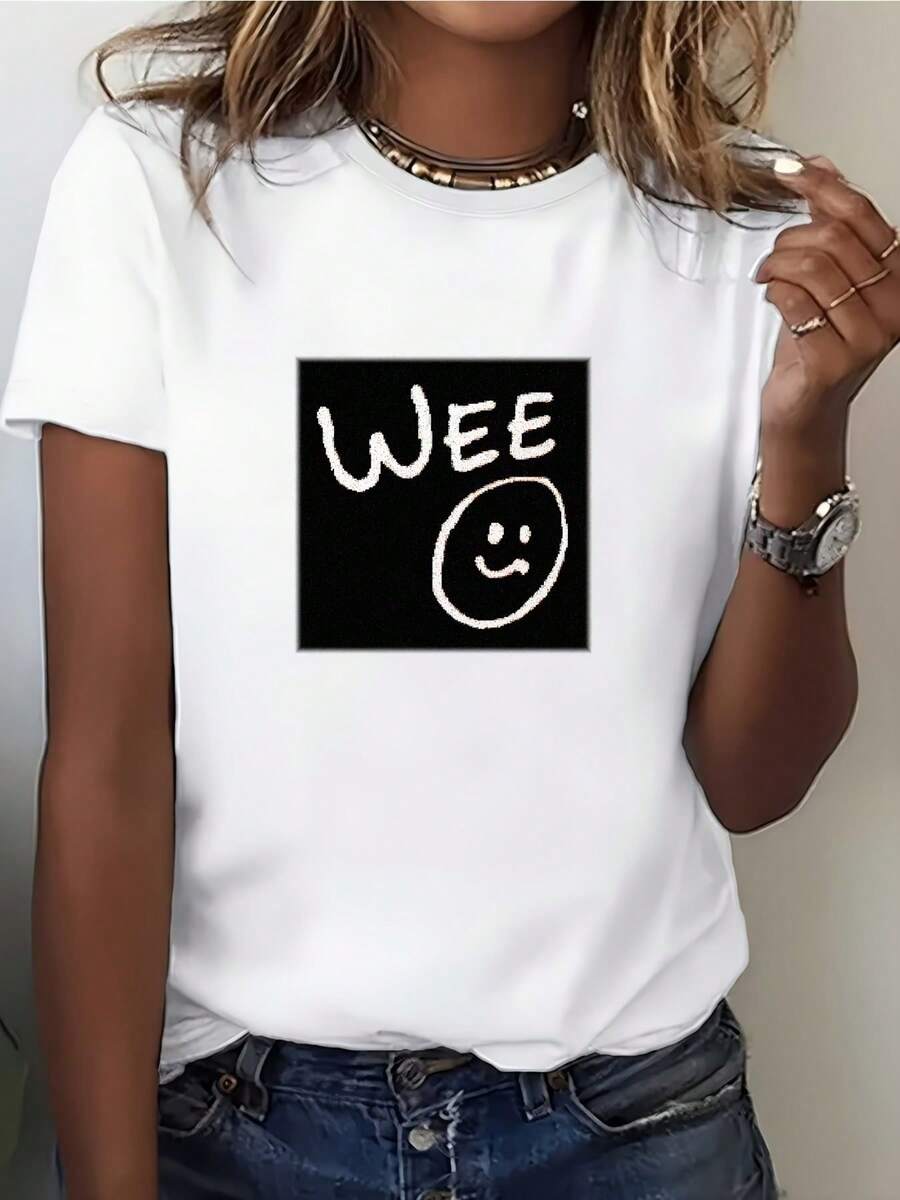 Camiseta Gráfica Ultra Suave Ligero180G "WEE" para Mujer - Regalo Perfecto para Familiares y Amigos - Estilo Casual para Viajes de Verano, Salidas Familiares y la Vida en la Oficina. - Blanco - Ver 1