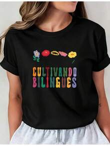 LigeroÚltimo Estilo Creativo Camiseta Estampada con Patrón Floral y Letras, Camiseta Casual de Cuello Redondo, Camiseta de Manga Larga para Vacaciones de Primavera y Verano, Ropa Nueva para Mujer, Lavable a Máquinai01Top Casual de Cuello Redondo, Ropa Cómoda para MujerVerano - Negro - Ver 6