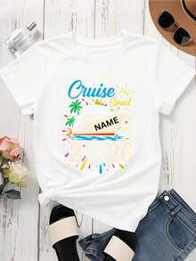 Women's Oversized Short-Sleeved T-Shirt, Round Neck, With Custom Print Of Cruise Ship, Palm Tree And Sun, Name 2026, For Summer, Vacation, Travel, Parties. 100% Cotton. - 白色 - 查看 2
