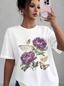 Camiseta Casual de Mujer con Estampado Floral Bohemio de Peonías y Mariposas, Suave y Cómoda, Regalo para el Día de la Madre, Cumpleaños, Día de San Valentín, Camiseta de Algodón - Blanco - Ver 8