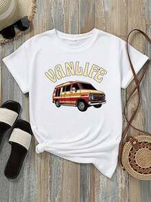 Camiseta de Mujer 2026, Casual, Cuello Redondo, Manga Corta, Opciones en Blanco y Negro, Estampado Gráfico Vanlife, Camisetas de Uso Diario de Verano, Tops de Verano, Camisetas Gráficas, Conjuntos de Verano, Camisetas Cortas de Mujer, Blusas para Mujer Casuales, Ropa Linda de Algodón Vintage para Mujer. - Blanco - Ver 3