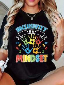 Camiseta gráfica para mujer con diseño de manos entrelazadas y rompecabezas, colorida, para la conciencia sobre el autismo e inclusión. Camiseta informal negra de manga corta y cuello redondo, transpirable, de tela semitransparente, lavable a máquina, para primavera y verano. Camiseta informal con diseño divertido para la conciencia sobre el autismo. - Negro - Ver 6