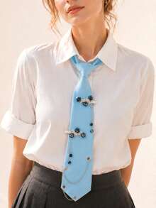 1pc Women's Fashion Solid Color Rhinestone Flower Decor Elegant Tie, Suitable For Party, School, Travel, Date, Shirt Matching - Multicolor - View 1