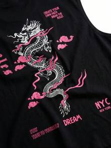 Áo tank top không tay in hình rồng phong cách đường phố thường ngày mùa hè dành cho nam giới FRACTYR, thiết kế in hai mặt, áo tank top cổ tròn dáng rộng kiểu Nhật Bản cổ điển, áo tập luyện thể thao, chất liệu mềm mại. - màu đen - Xem 7