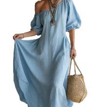 Vestido largo holgado y adelgazante de lino con hombros descubiertos y mangas farol para vacaciones europeas y americanas 2026 - Blanco - Ver 7