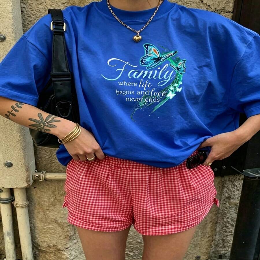 Heartfelt Daily Casual Graphic T-Shirt 100% Cotton Oversized Soft Breathable Casual Crewneck Short Sleeve Top Aesthetic Vintage Cute Retro Vibe Basic Casual Wearers Fashion Lovers Daily Outfit Enthusiasts Gift Givers - 藍色 - 查看 1