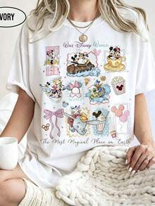 Authorized By Disney, Disneyland Punched Cotton Print Style T-Shirt-Creative Cartoon Print, Breathable Light Fabric, Regular Round Neck Summer Street Casual Shirt, Disney Shirt, Couple Shirt, Unisex, Holiday Gift. - trắng - Xem 1
