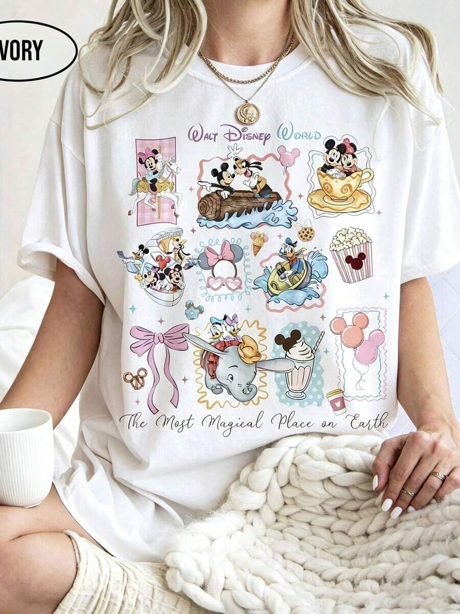 Authorized By Disney, Disneyland Punched Cotton Print Style T-Shirt-Creative Cartoon Print, Breathable Light Fabric, Regular Round Neck Summer Street Casual Shirt, Disney Shirt, Couple Shirt, Unisex, Holiday Gift. - trắng - Xem 1