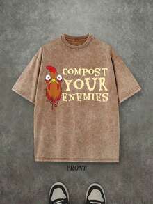 Unisex Washed T-Shirt "Compost Your Enemies", Funny Chicken Design T-Shirt, Vintage Retro Washed T-Shirt With One-Sided Print (230 G/M² Pure Cotton T-Shirt), High Quality T-Shirt, Perfect Gifts, Men's And Women's T-Shirts, Comfortable, Fashionable T-Shirt, Pure Cotton Urban Style T-Shirt For Autumn - 咖啡棕 - 查看 8