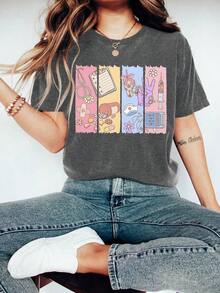 1 pieza Camiseta con estampado gráfico de Enfermera Clínica, manga corta, cuello redondo, top casual para verano y primavera, camiseta de mujer, 180g, 100% algodón. - Blanco - Ver 6