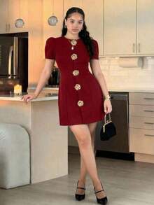 MOD Vestido negro vintage glamoroso de talla grande para mujer con acentos de rosa metálico - perfecto para estética, look preppy, citas, fiestas, vacaciones, meriendas, cumpleaños, uso en la oficina y para ir y venir, con aire de dinero antiguo.Primavera/Verano - Burdeos - Ver 9