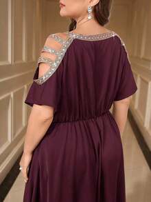 Clasi Vestido de talla grande de verano elegante con empalmado, cinta, hombros recortados y cintura - Rojo violeta - Ver 8